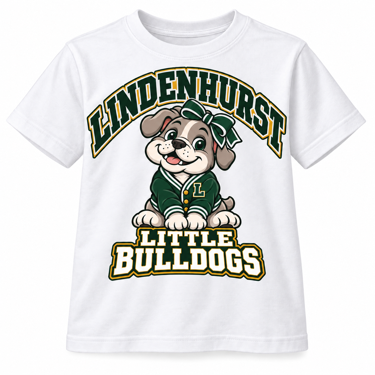 Lindenhurst Little Bulldogs Varsity Bow youth T-Shirt in White, front view