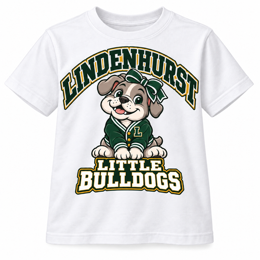 Lindenhurst Little Bulldogs Varsity Bow youth T-Shirt in White, front view