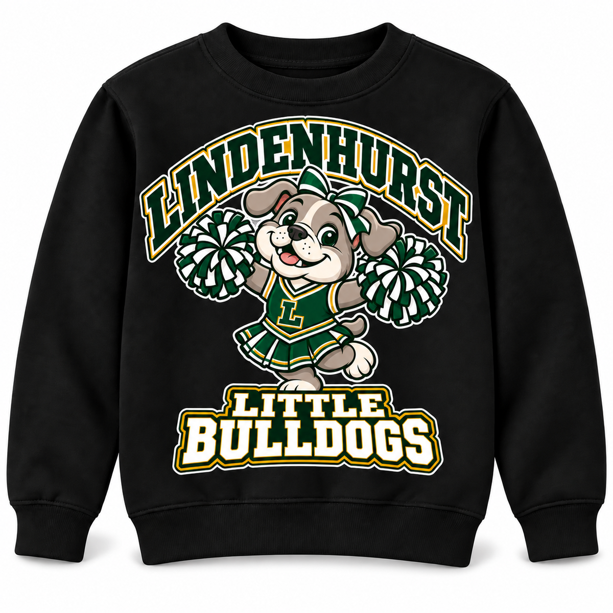 Lindenhurst Little Bulldogs Little Cheer Captain youth Crewneck Sweatshirt in Black, front view
