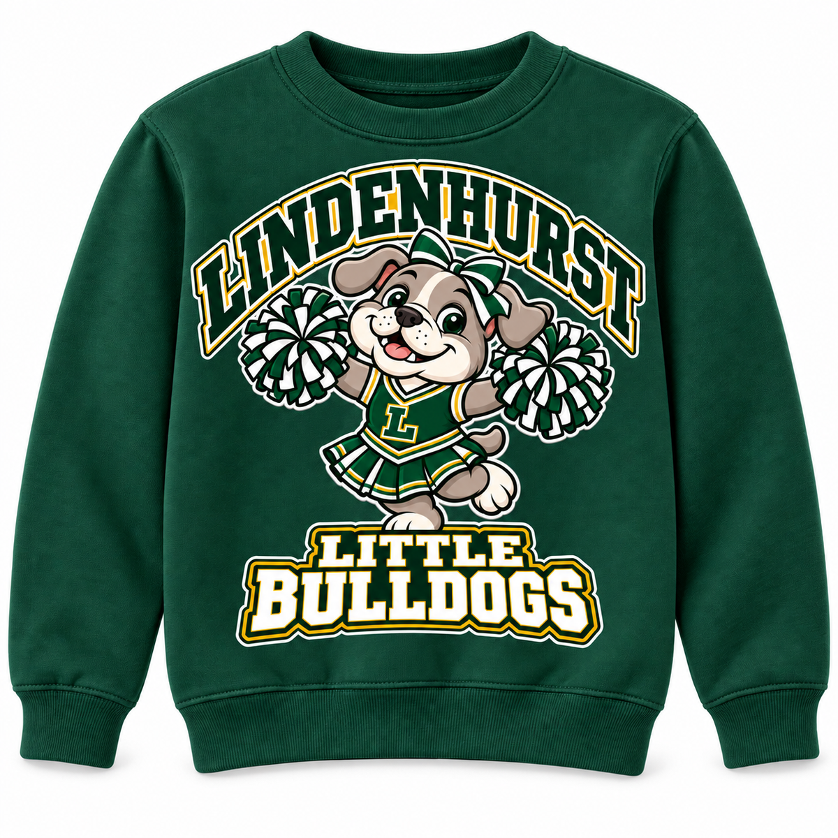 Lindenhurst Little Bulldogs Little Cheer Captain youth Crewneck Sweatshirt in Forest Green, front view