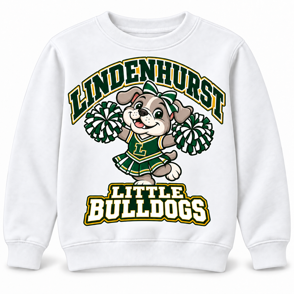 Lindenhurst Little Bulldogs Little Cheer Captain youth Crewneck Sweatshirt in White, front view