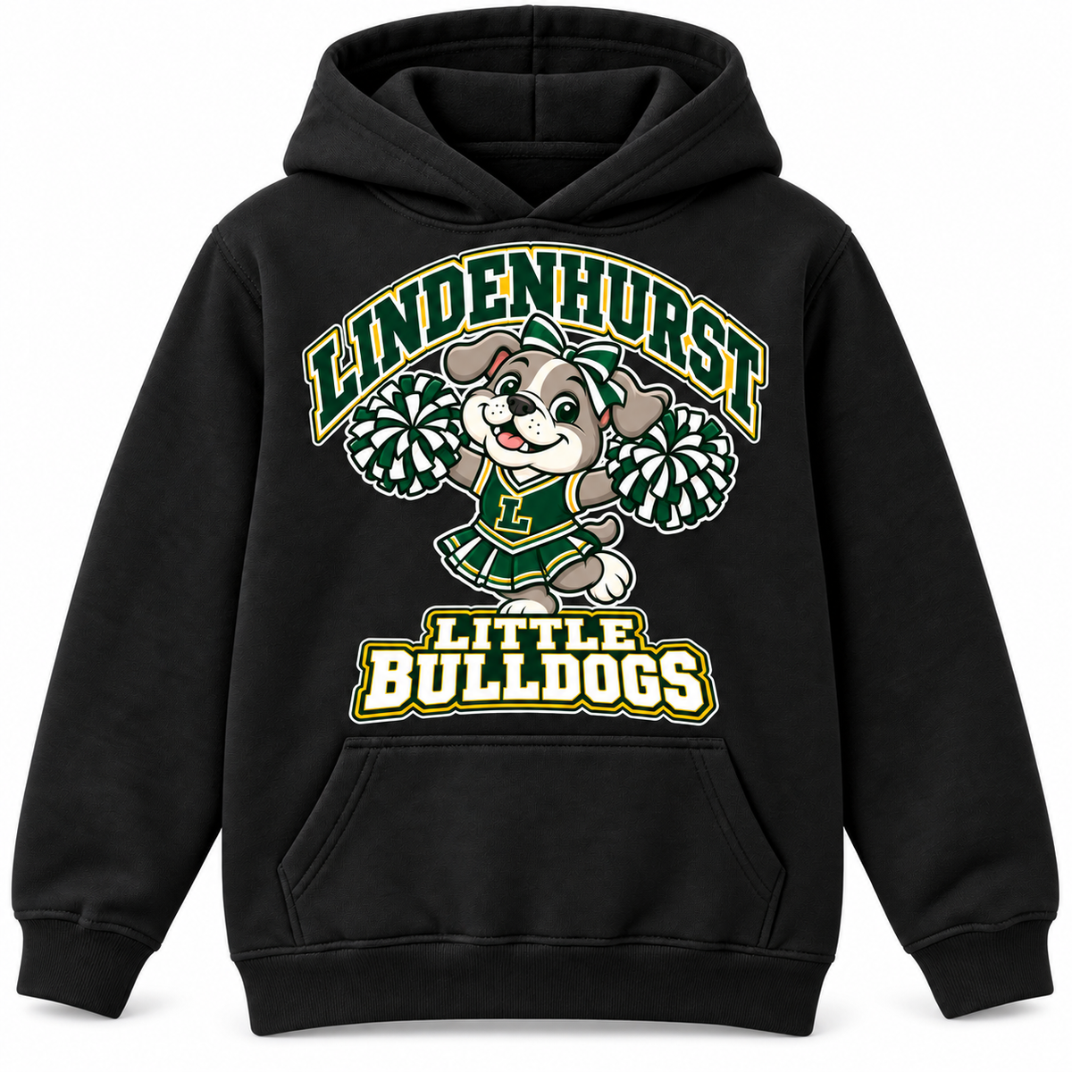 Lindenhurst Little Bulldogs Little Cheer Captain youth Pullover Hoodie in Black, front view
