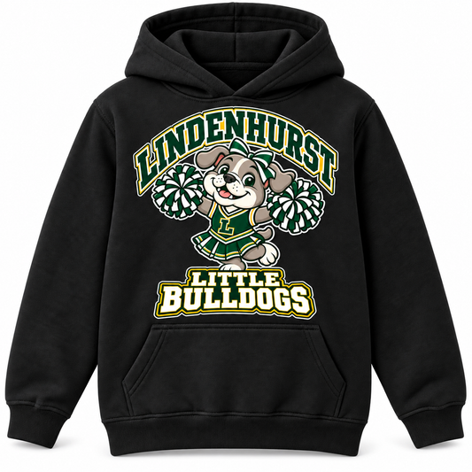 Lindenhurst Little Bulldogs Little Cheer Captain youth Pullover Hoodie in Black, front view