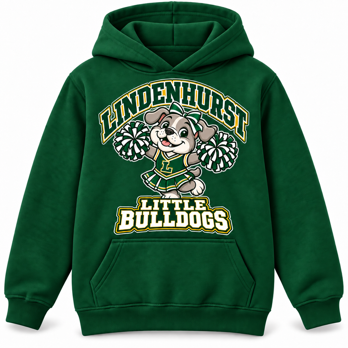 Lindenhurst Little Bulldogs Little Cheer Captain youth Pullover Hoodie in Forest Green, front view