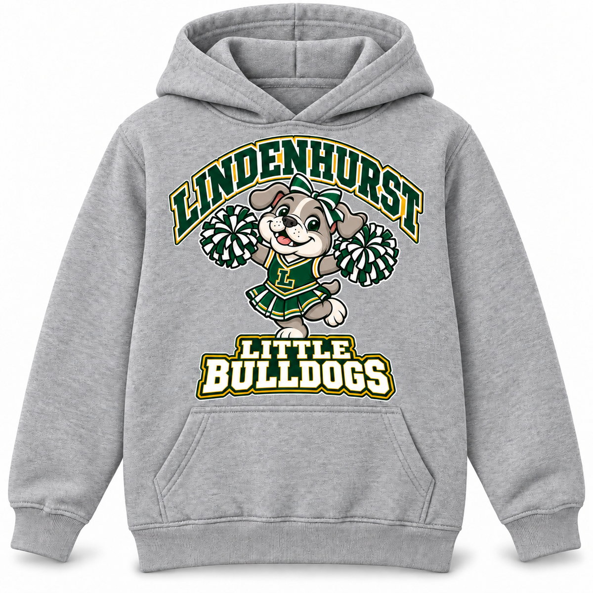 Lindenhurst Little Bulldogs Little Cheer Captain youth Pullover Hoodie in Heather Gray, front view