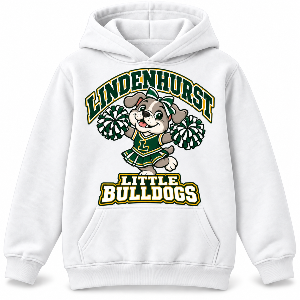 Lindenhurst Little Bulldogs Little Cheer Captain youth Pullover Hoodie in White, front view