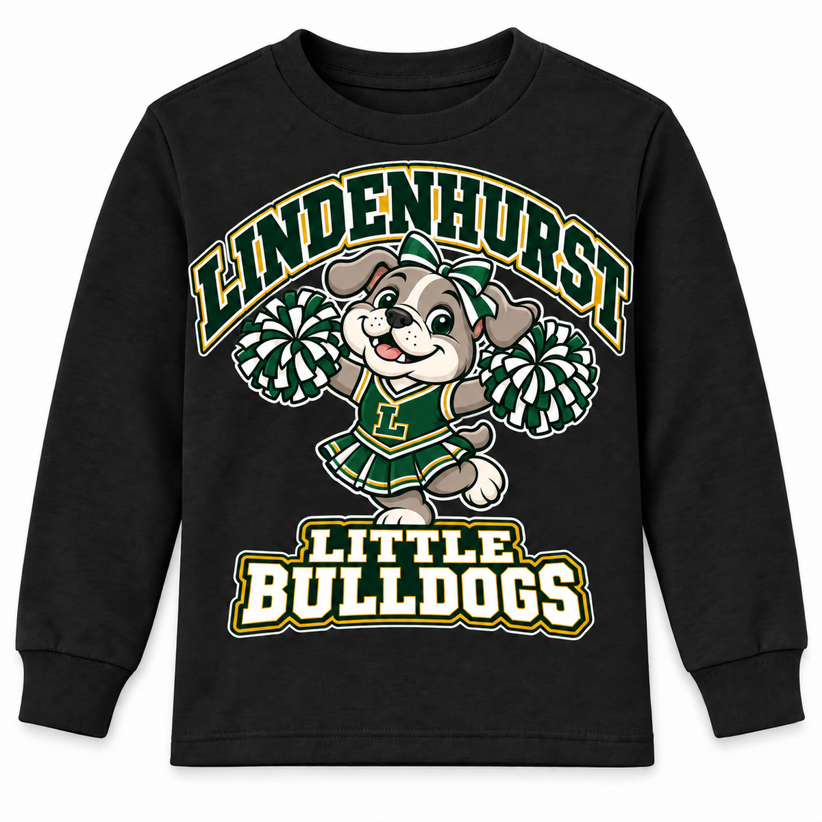 Lindenhurst Little Bulldogs Little Cheer Captain youth Long Sleeve Tee in Black, front view