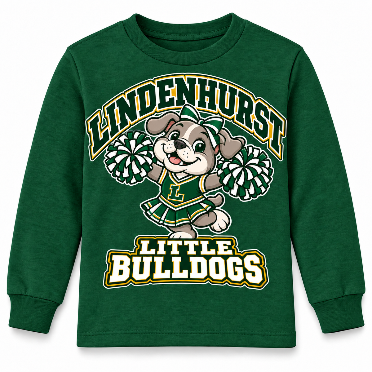 Lindenhurst Little Bulldogs Little Cheer Captain youth Long Sleeve Tee in Forest Green, front view