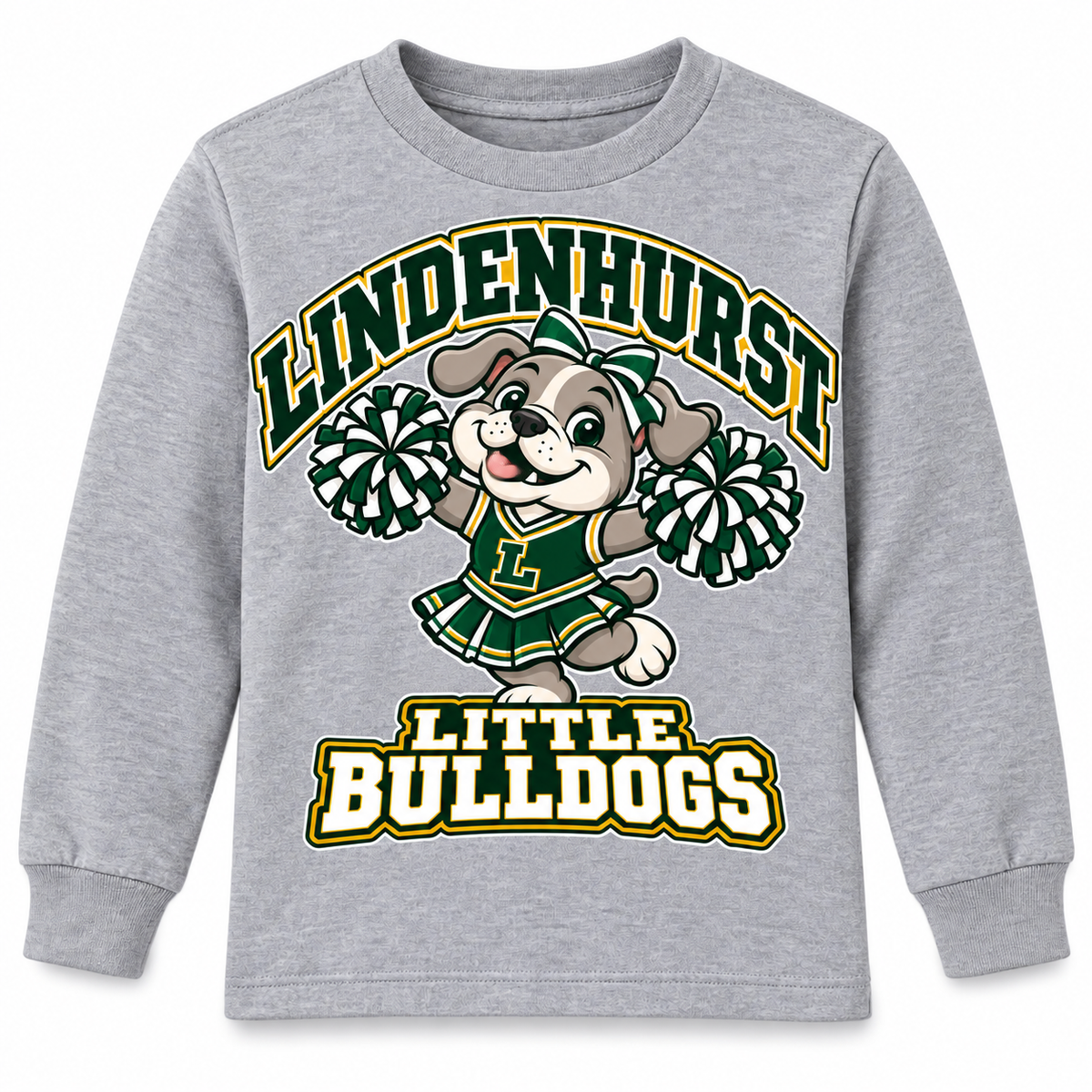 Lindenhurst Little Bulldogs Little Cheer Captain youth Long Sleeve Tee in Heather Gray, front view