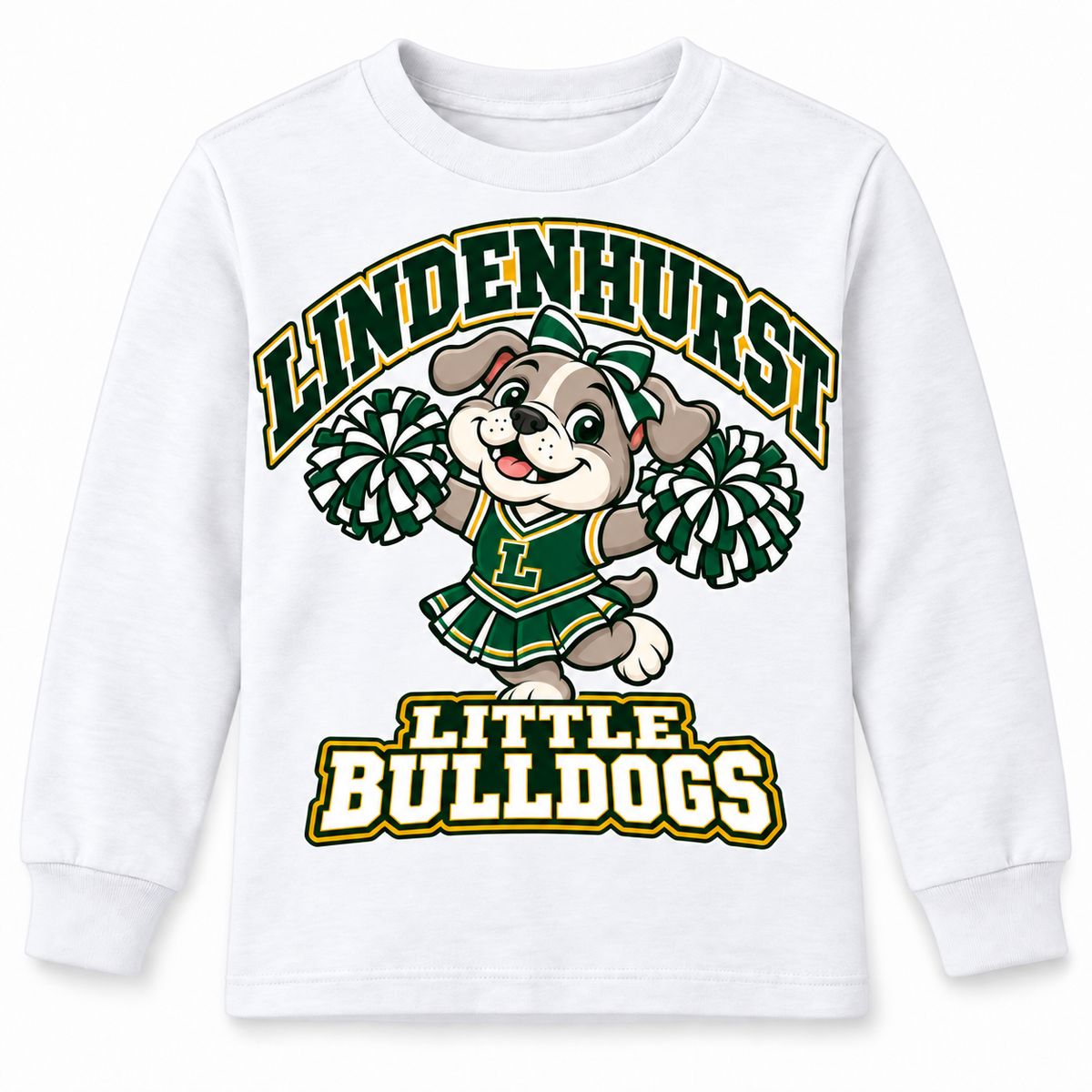 Lindenhurst Little Bulldogs Little Cheer Captain youth Long Sleeve Tee in White, front view