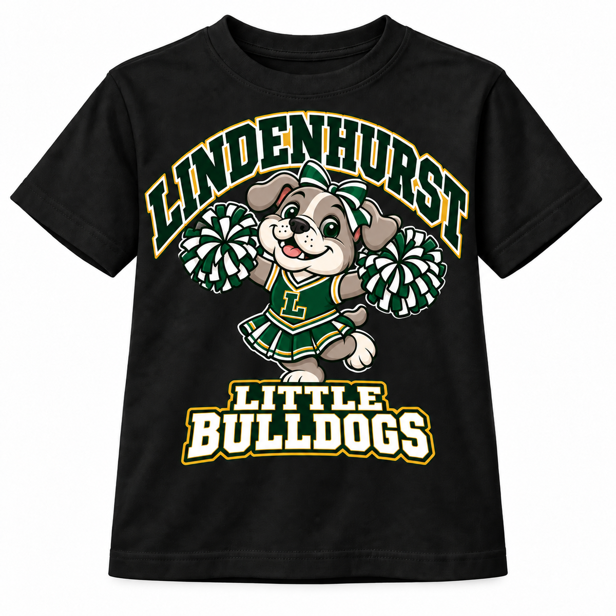 Lindenhurst Little Bulldogs Little Cheer Captain youth T-Shirt in Black, front view