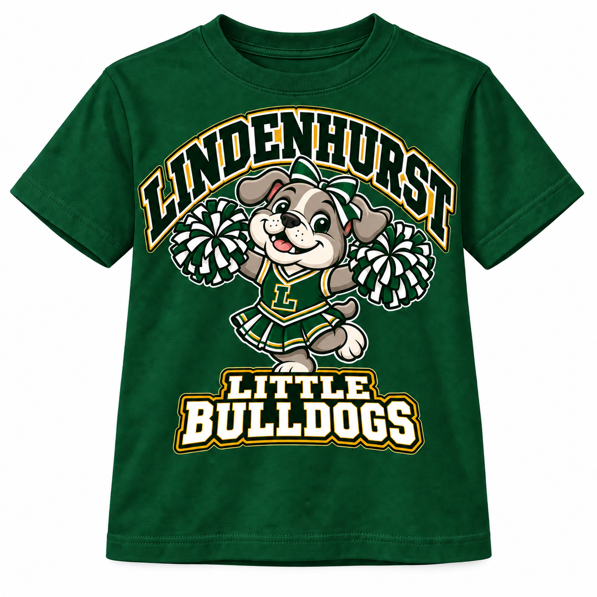 Lindenhurst Little Bulldogs Little Cheer Captain youth T-Shirt in Forest Green, front view