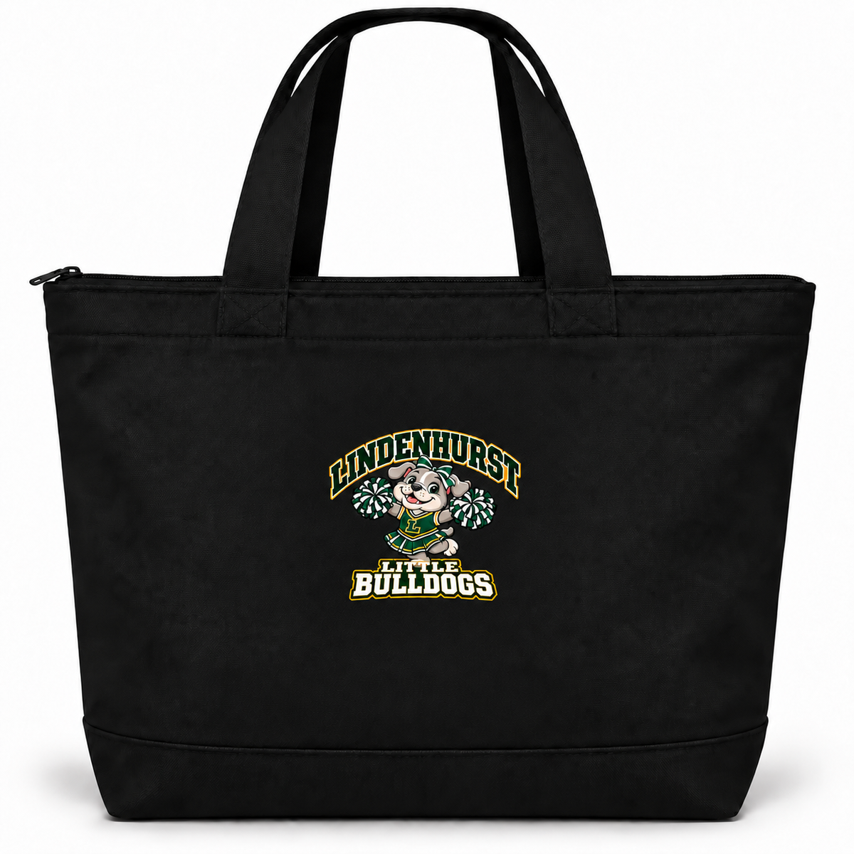 Black Lindenhurst Little Bulldogs cheer zip-top canvas tote with centered mascot artwork