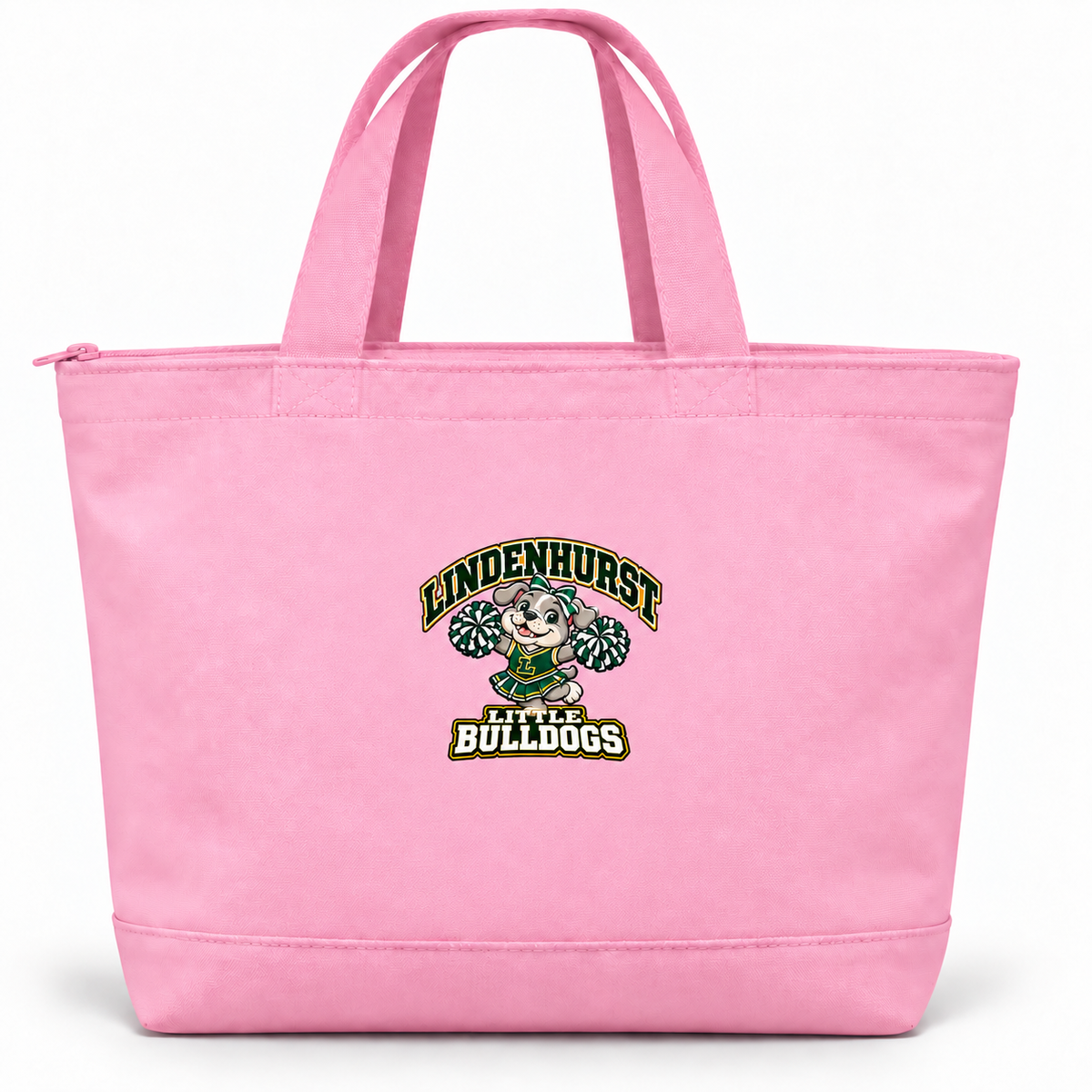 Light Pink Lindenhurst Little Bulldogs cheer zip-top canvas tote with centered mascot artwork