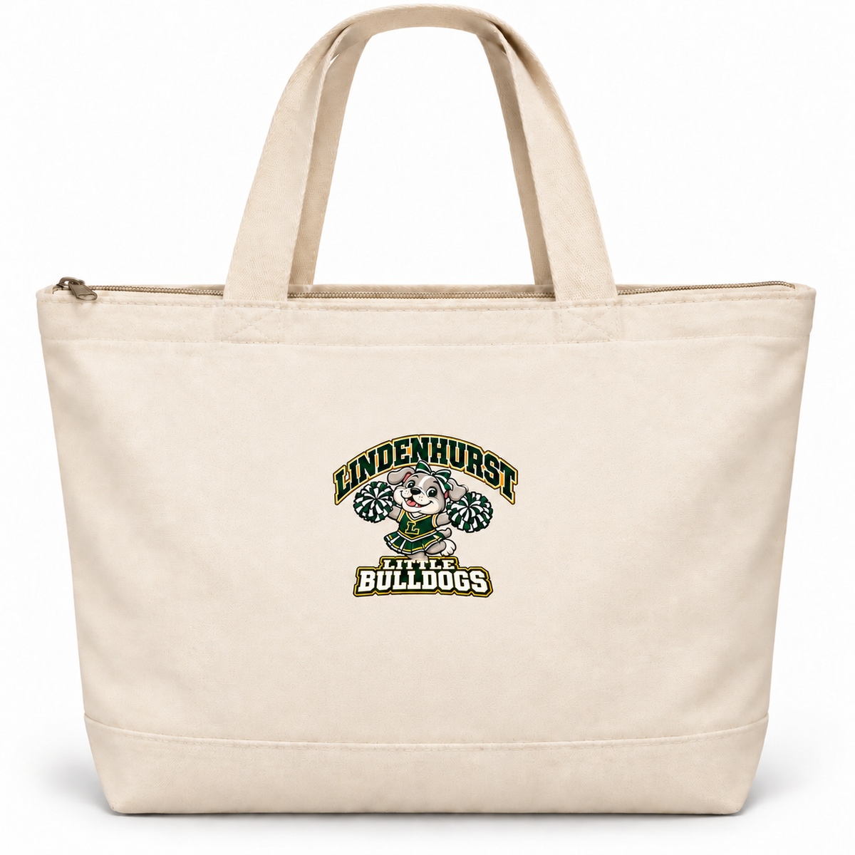 Natural Lindenhurst Little Bulldogs cheer zip-top canvas tote with centered mascot artwork