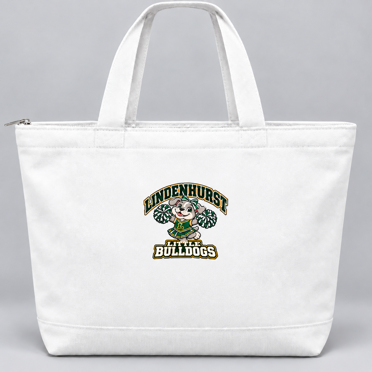 White Lindenhurst Little Bulldogs cheer zip-top canvas tote with centered mascot artwork