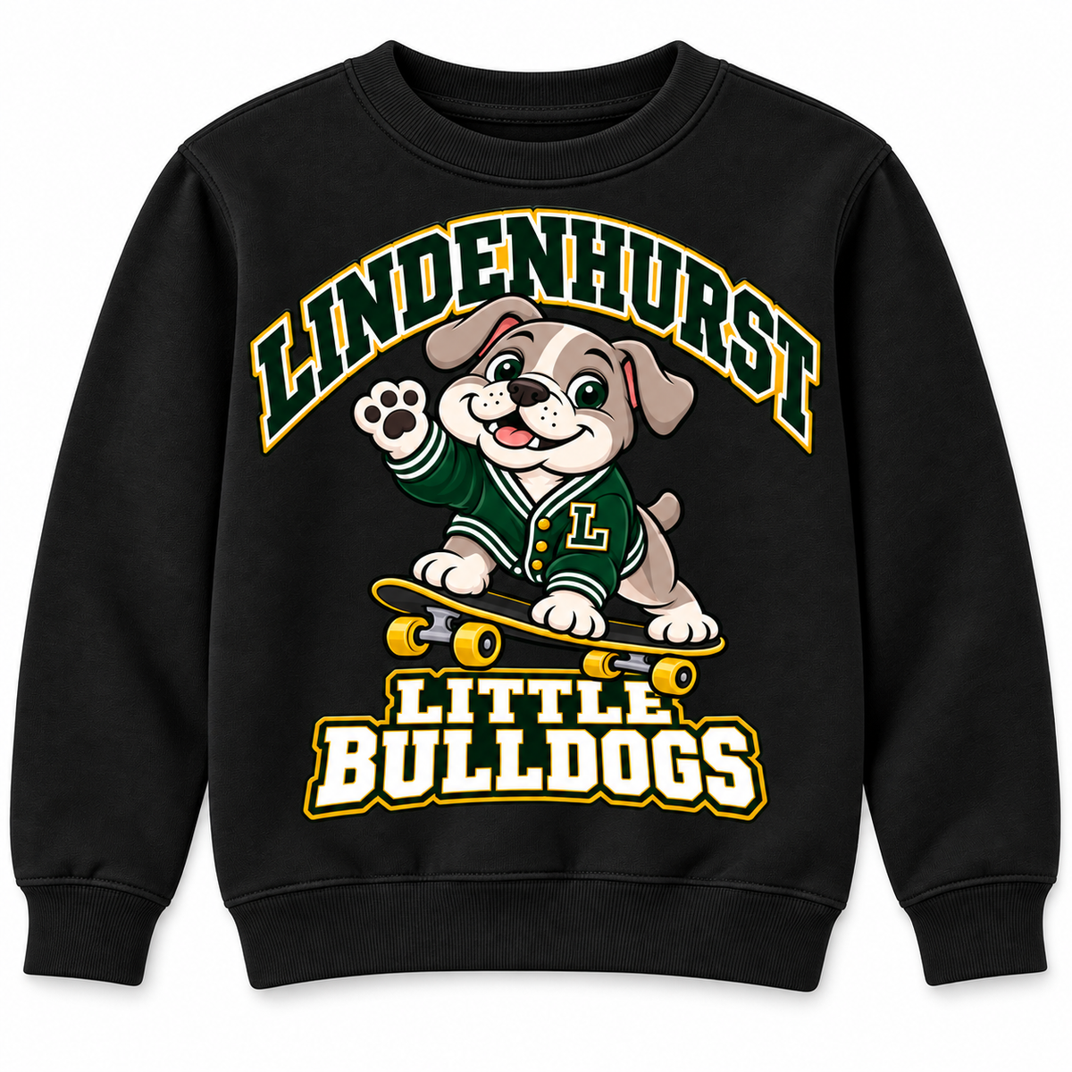 Lindenhurst Little Bulldogs Cruiser Pup youth Crewneck Sweatshirt in Black, front view
