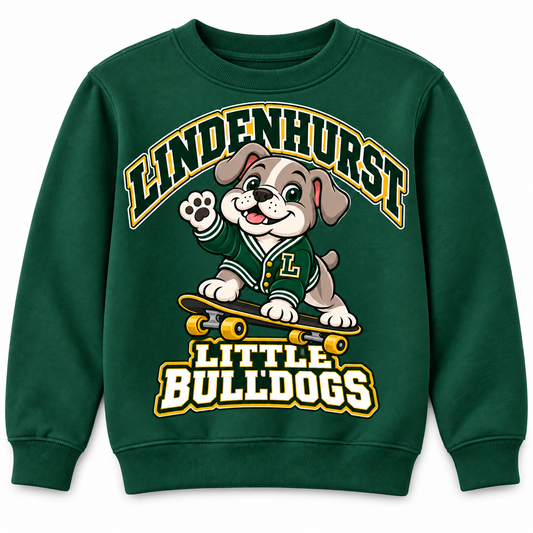 Lindenhurst Little Bulldogs Cruiser Pup youth Crewneck Sweatshirt in Forest Green, front view