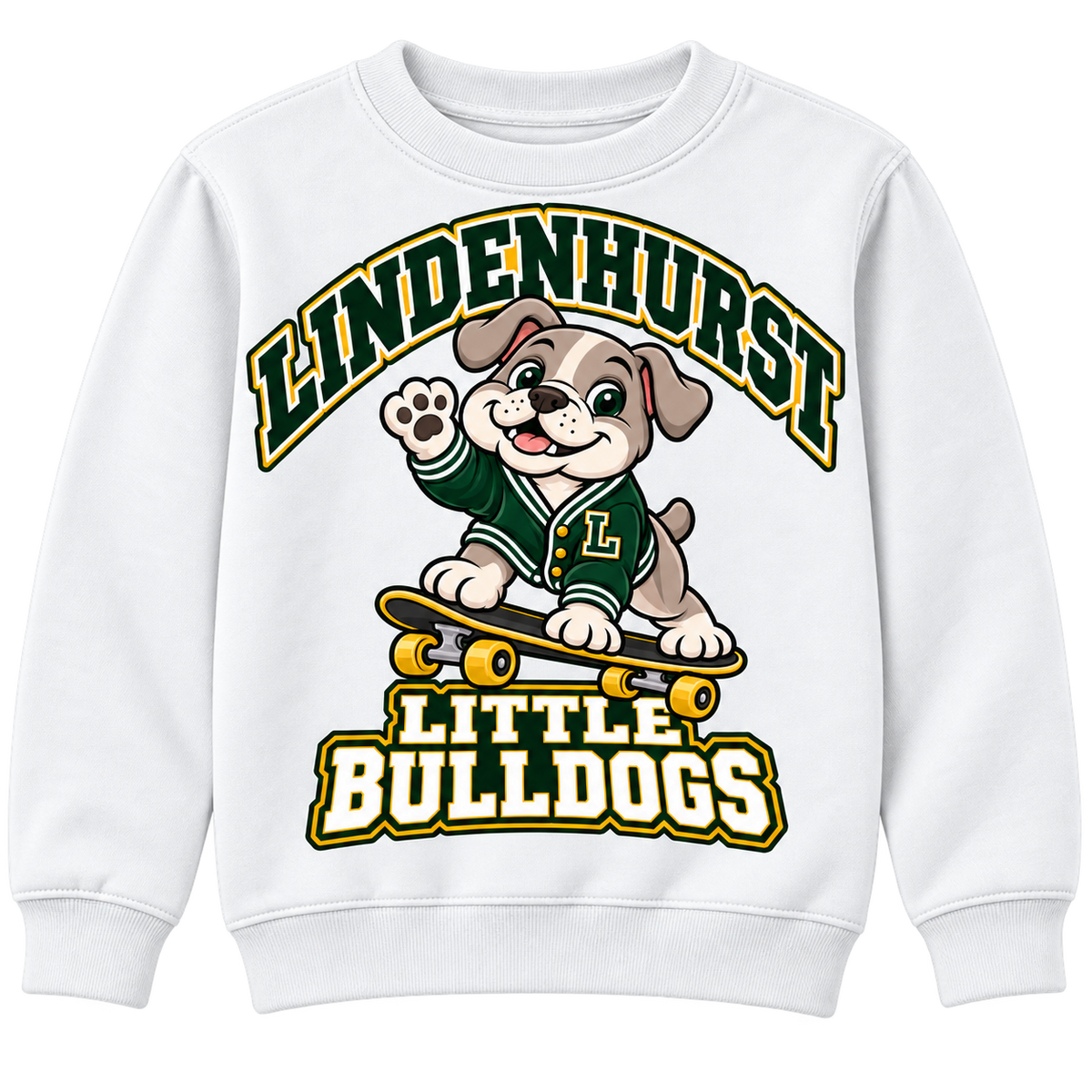 Lindenhurst Little Bulldogs Cruiser Pup youth Crewneck Sweatshirt in White, front view