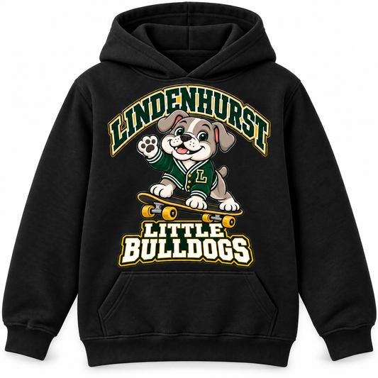 Lindenhurst Little Bulldogs Cruiser Pup youth Pullover Hoodie in Black, front view