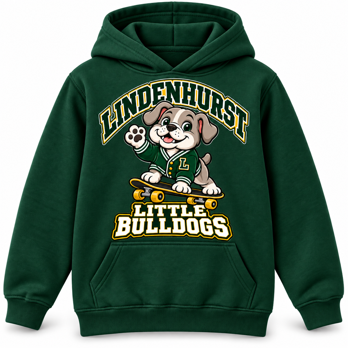 Lindenhurst Little Bulldogs Cruiser Pup youth Pullover Hoodie in Forest Green, front view