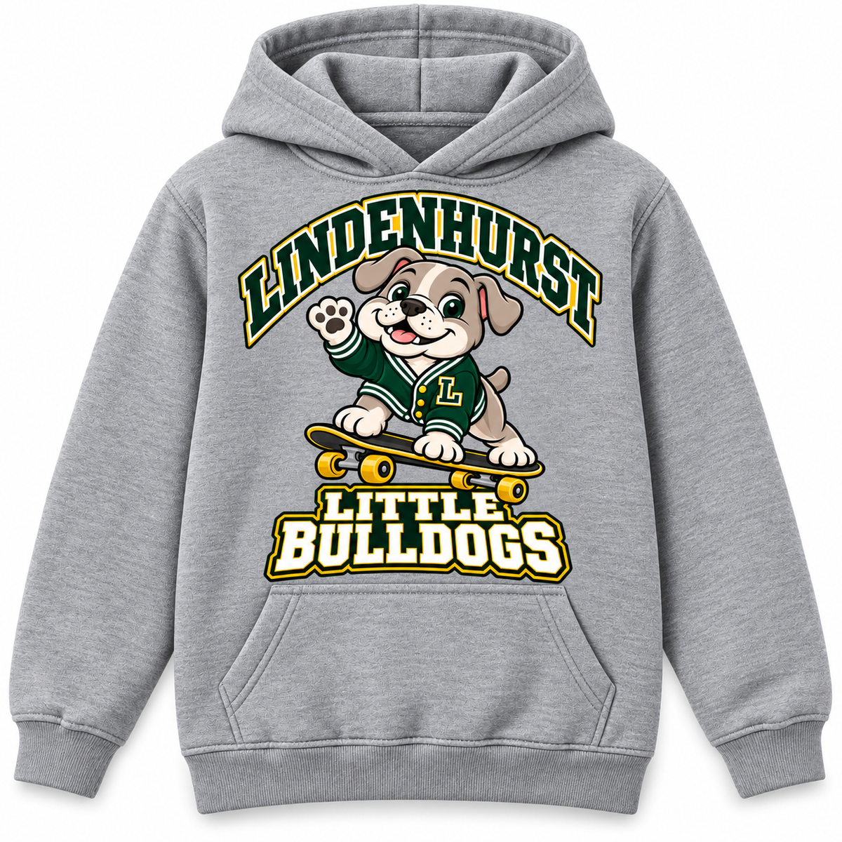 Lindenhurst Little Bulldogs Cruiser Pup youth Pullover Hoodie in Heather Gray, front view