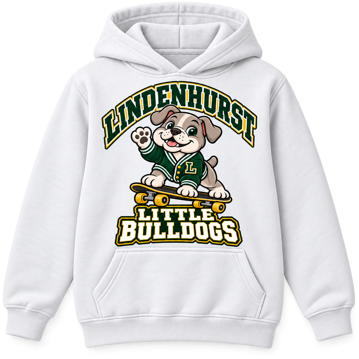 Lindenhurst Little Bulldogs Cruiser Pup youth Pullover Hoodie in White, front view