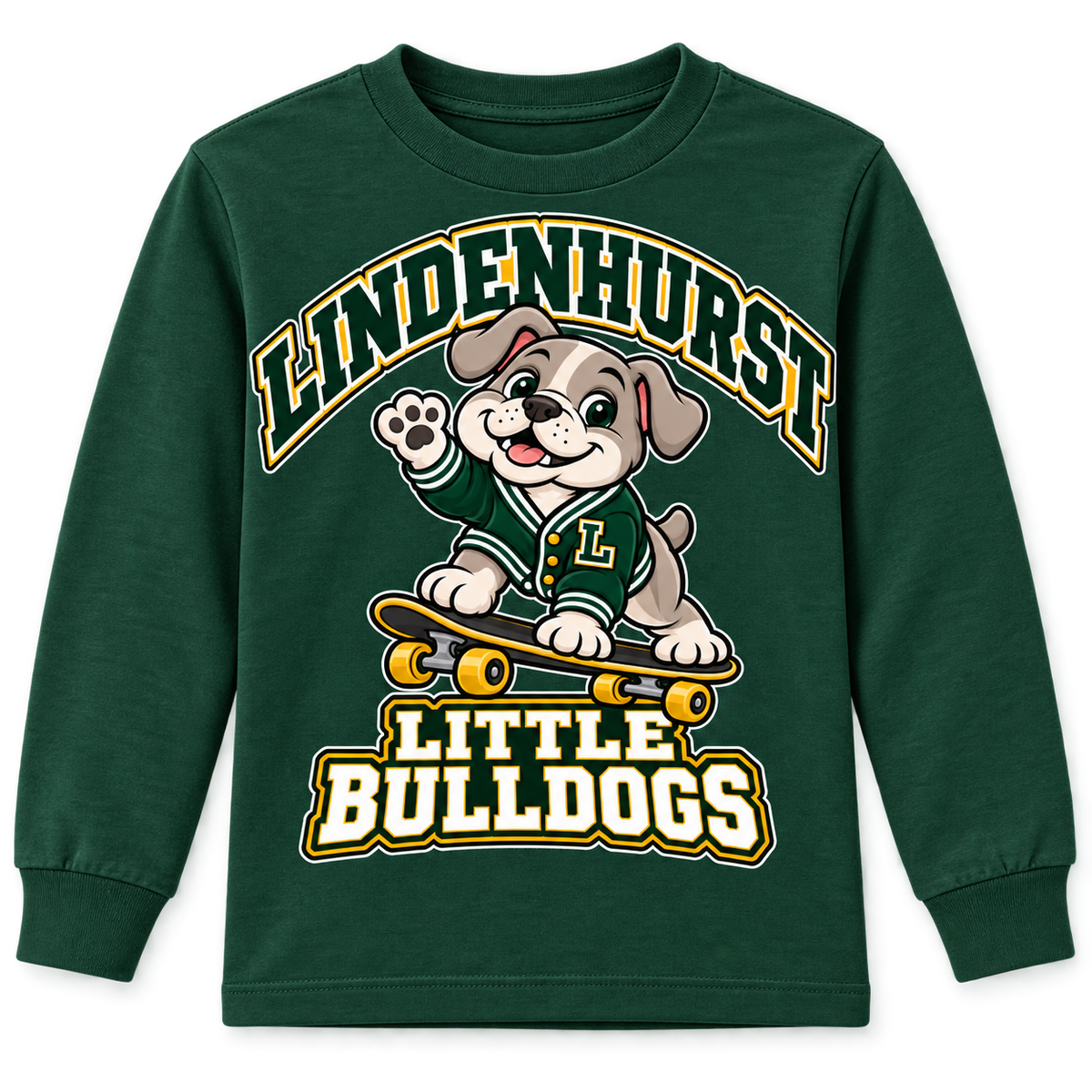 Lindenhurst Little Bulldogs Cruiser Pup youth Long Sleeve Tee in Forest Green, front view