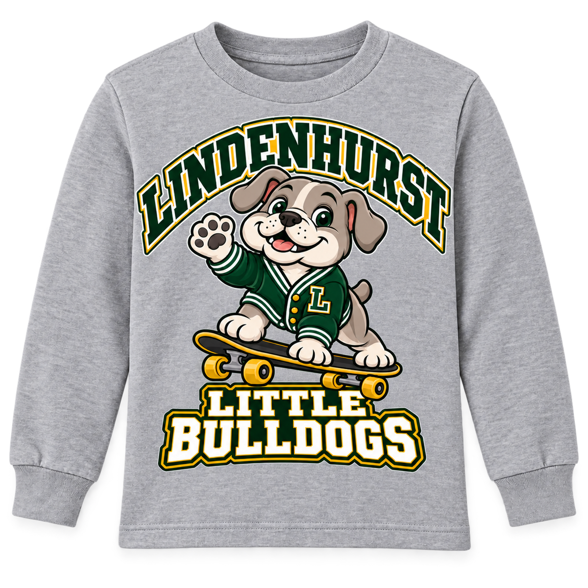 Lindenhurst Little Bulldogs Cruiser Pup youth Long Sleeve Tee in Heather Gray, front view