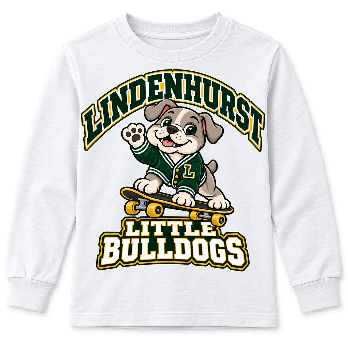 Lindenhurst Little Bulldogs Cruiser Pup youth Long Sleeve Tee in White, front view