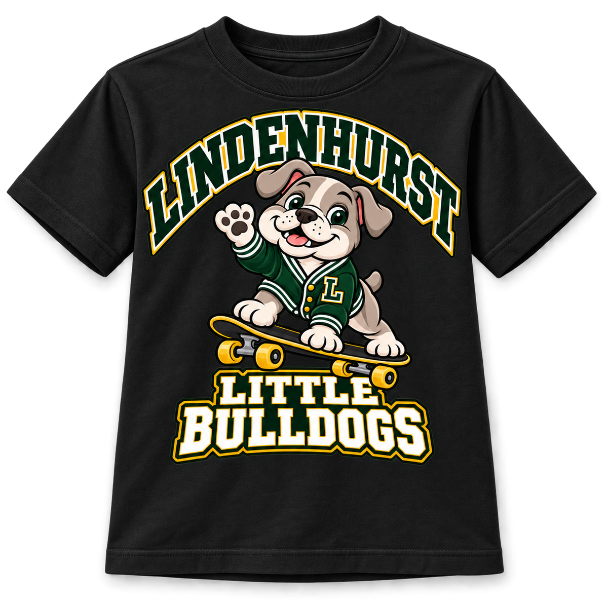 Lindenhurst Little Bulldogs Cruiser Pup youth T-Shirt in Black, front view