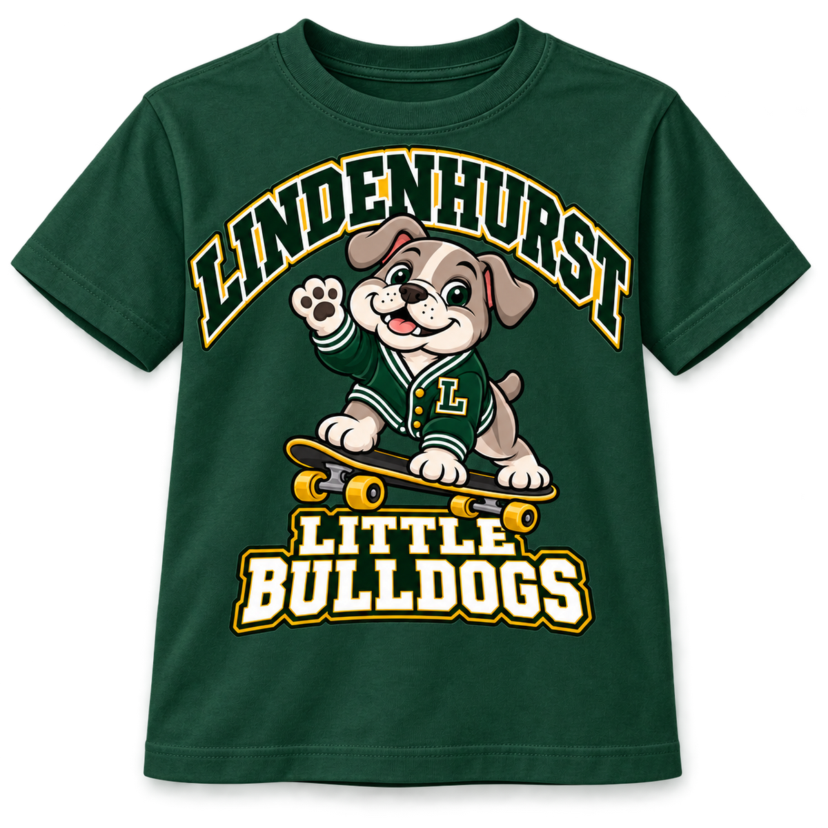 Lindenhurst Little Bulldogs Cruiser Pup youth T-Shirt in Forest Green, front view