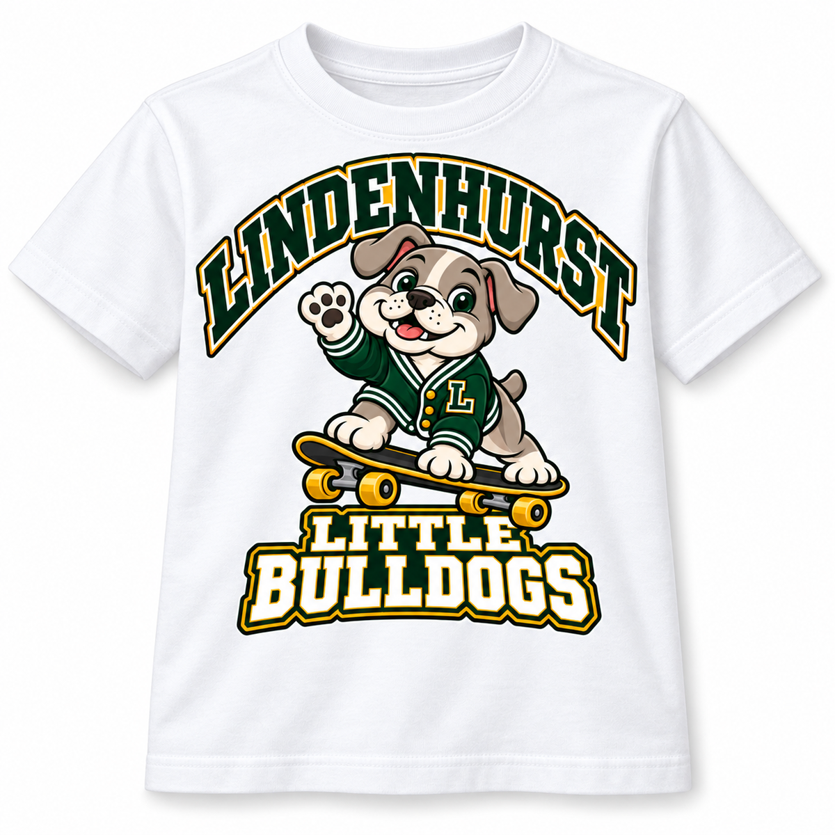 Lindenhurst Little Bulldogs Cruiser Pup youth T-Shirt in White, front view
