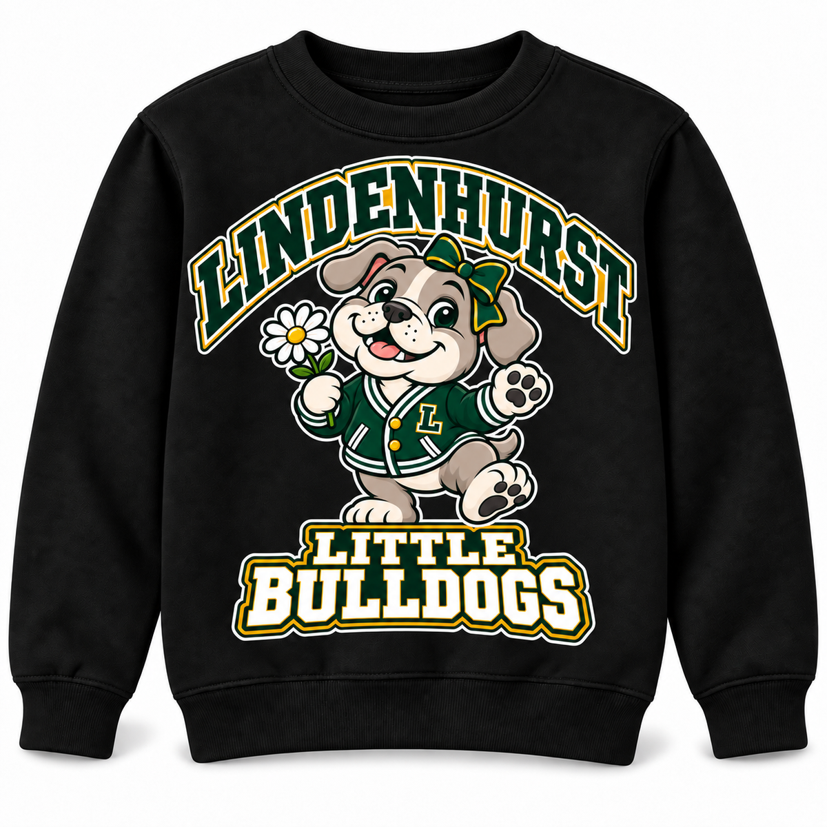 Lindenhurst Little Bulldogs Daisy Days youth Crewneck Sweatshirt in Black, front view