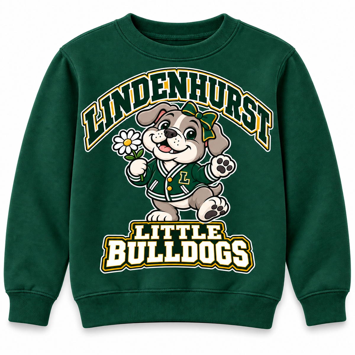 Lindenhurst Little Bulldogs Daisy Days youth Crewneck Sweatshirt in Forest Green, front view