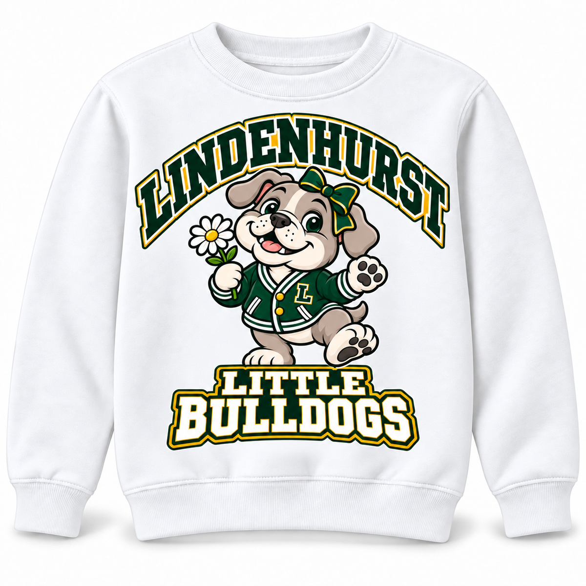 Lindenhurst Little Bulldogs Daisy Days youth Crewneck Sweatshirt in White, front view