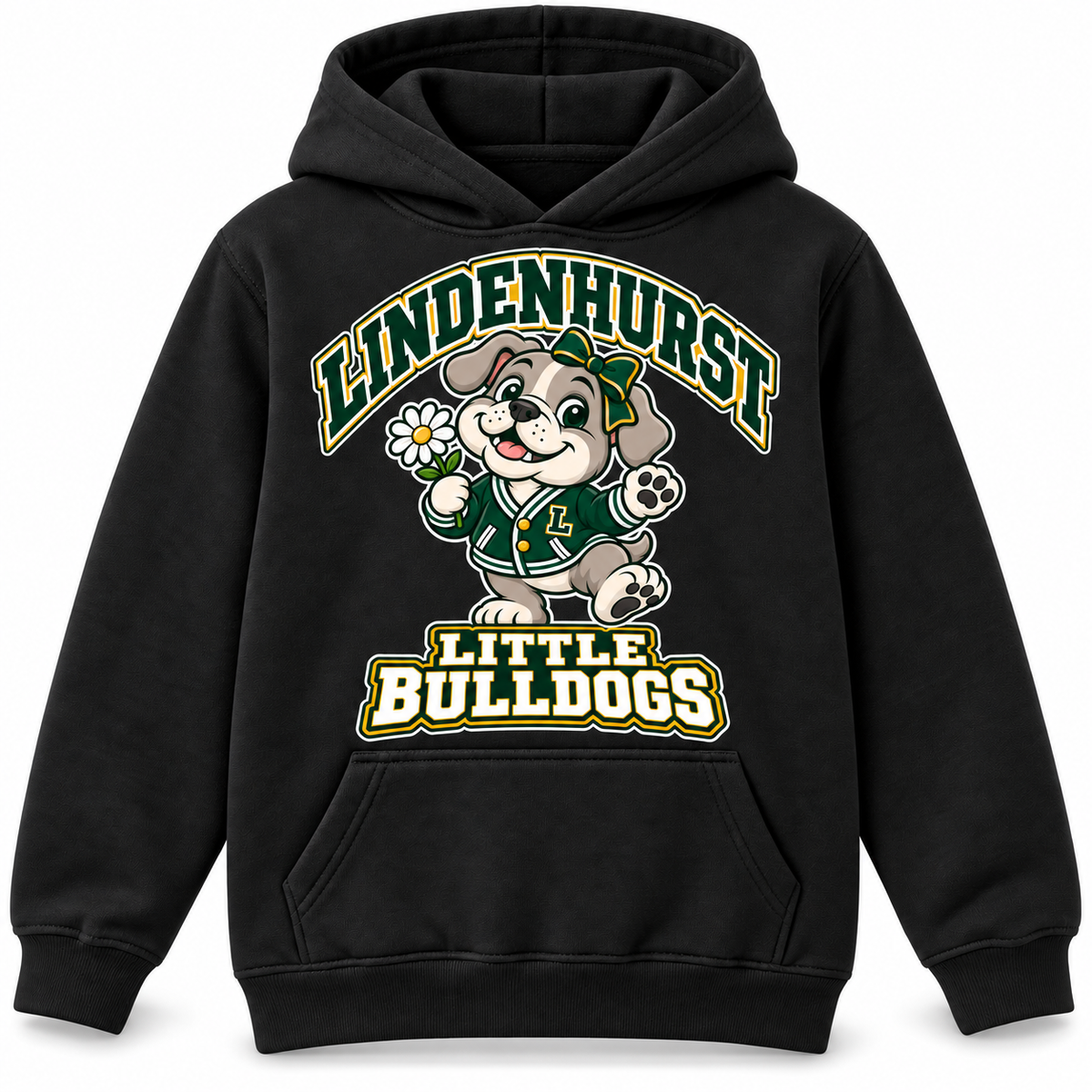 Lindenhurst Little Bulldogs Daisy Days youth Pullover Hoodie in Black, front view