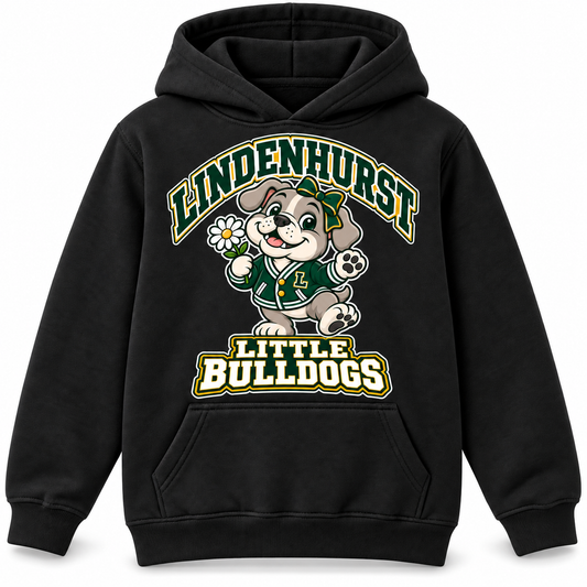 Lindenhurst Little Bulldogs Daisy Days youth Pullover Hoodie in Black, front view
