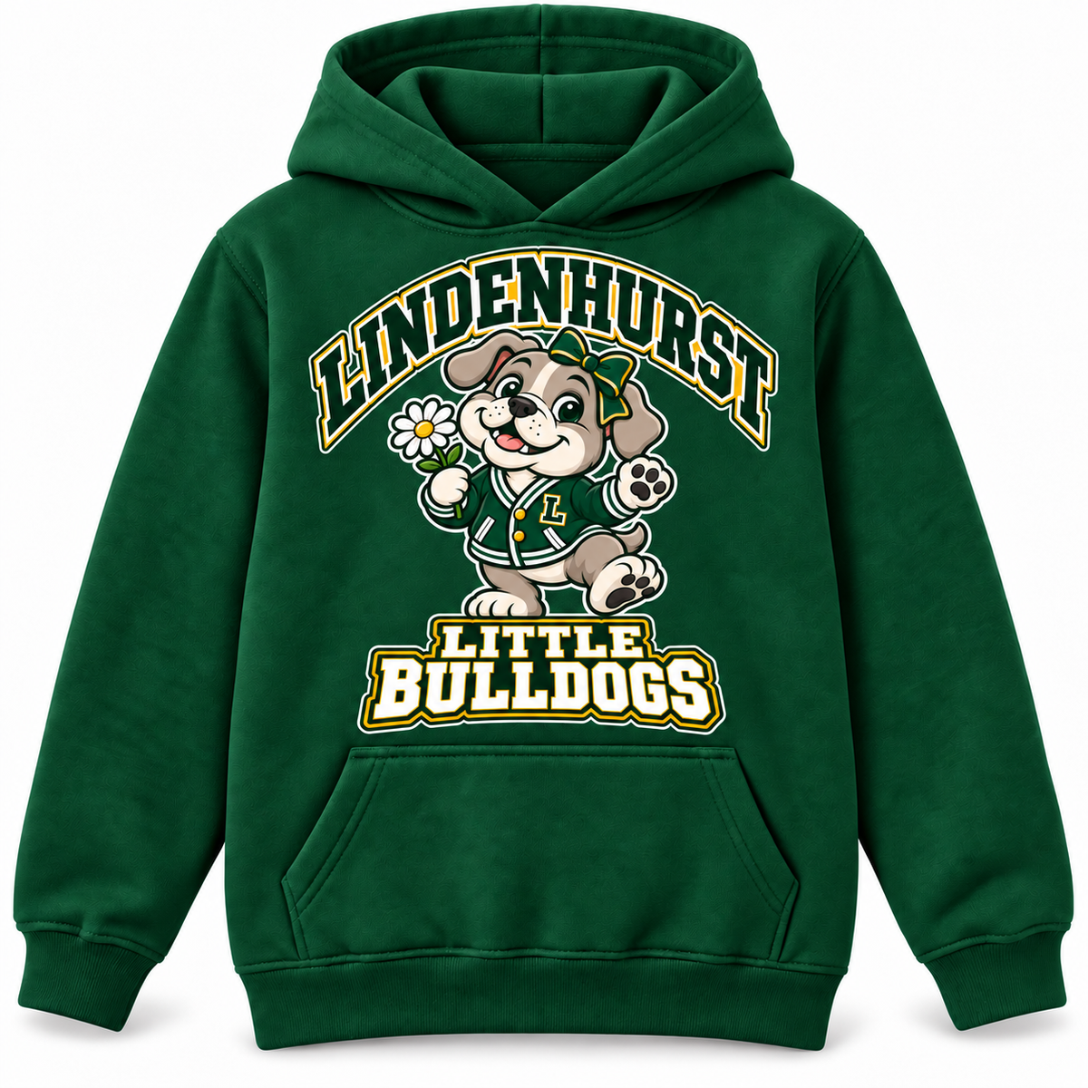 Lindenhurst Little Bulldogs Daisy Days youth Pullover Hoodie in Forest Green, front view
