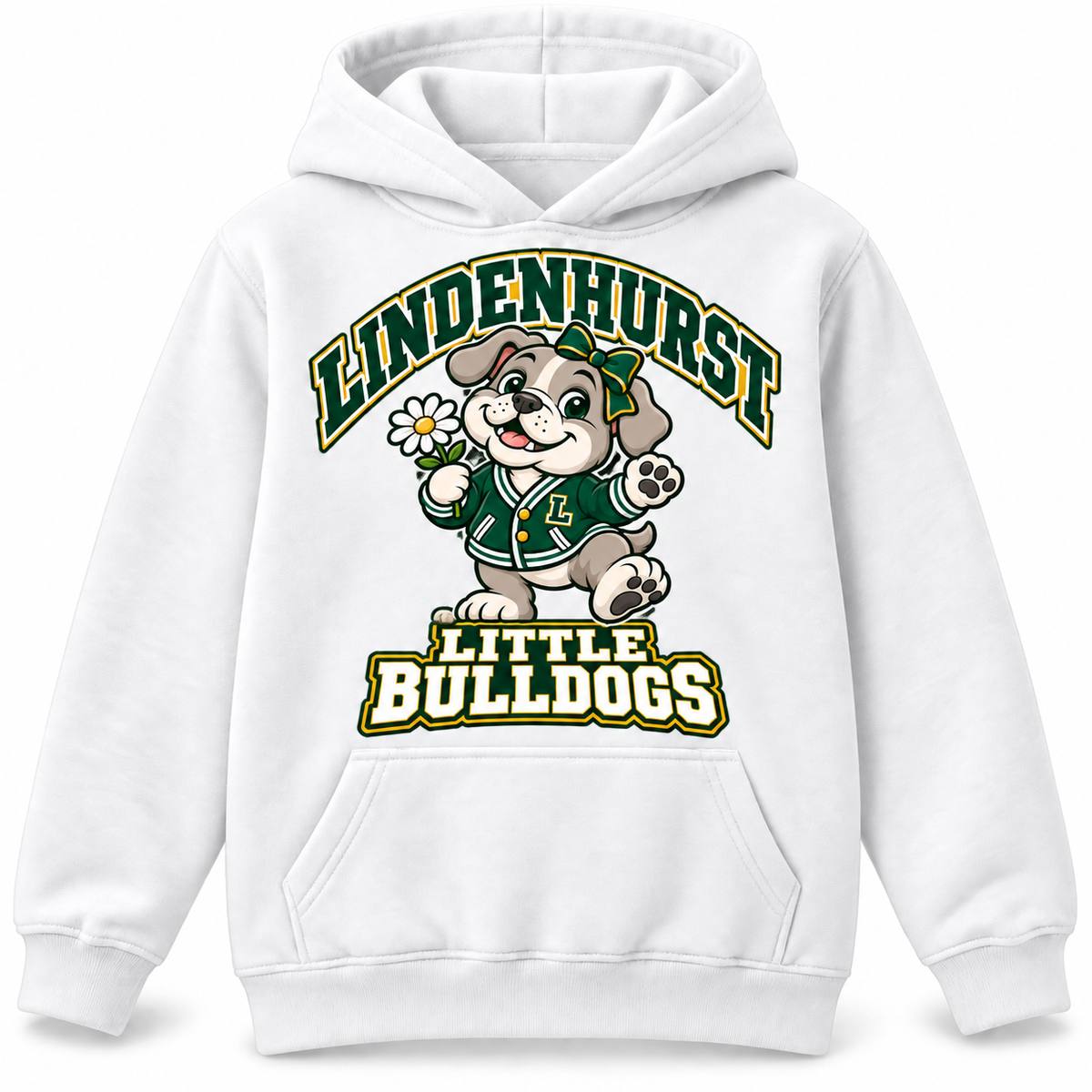 Lindenhurst Little Bulldogs Daisy Days youth Pullover Hoodie in White, front view