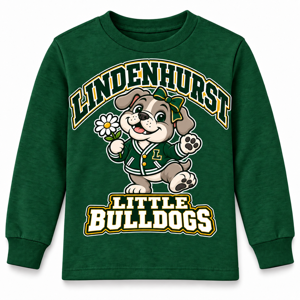 Lindenhurst Little Bulldogs Daisy Days youth Long Sleeve Tee in Forest Green, front view