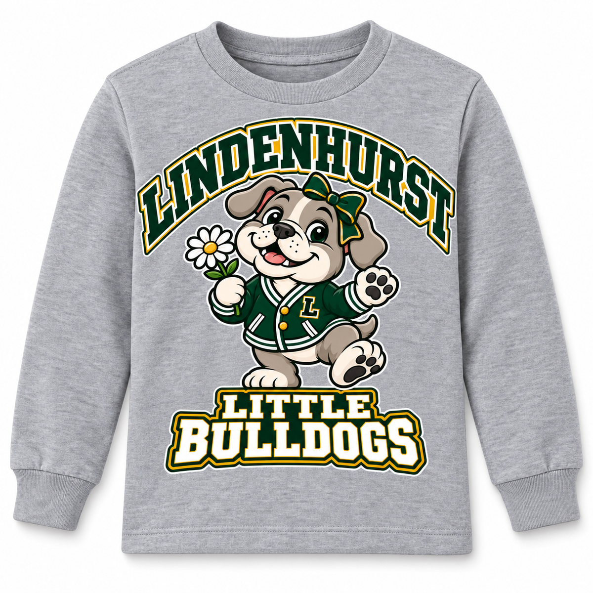 Lindenhurst Little Bulldogs Daisy Days youth Long Sleeve Tee in Heather Gray, front view