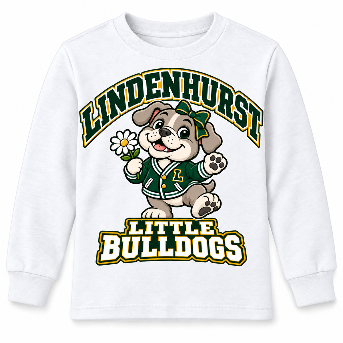 Lindenhurst Little Bulldogs Daisy Days youth Long Sleeve Tee in White, front view