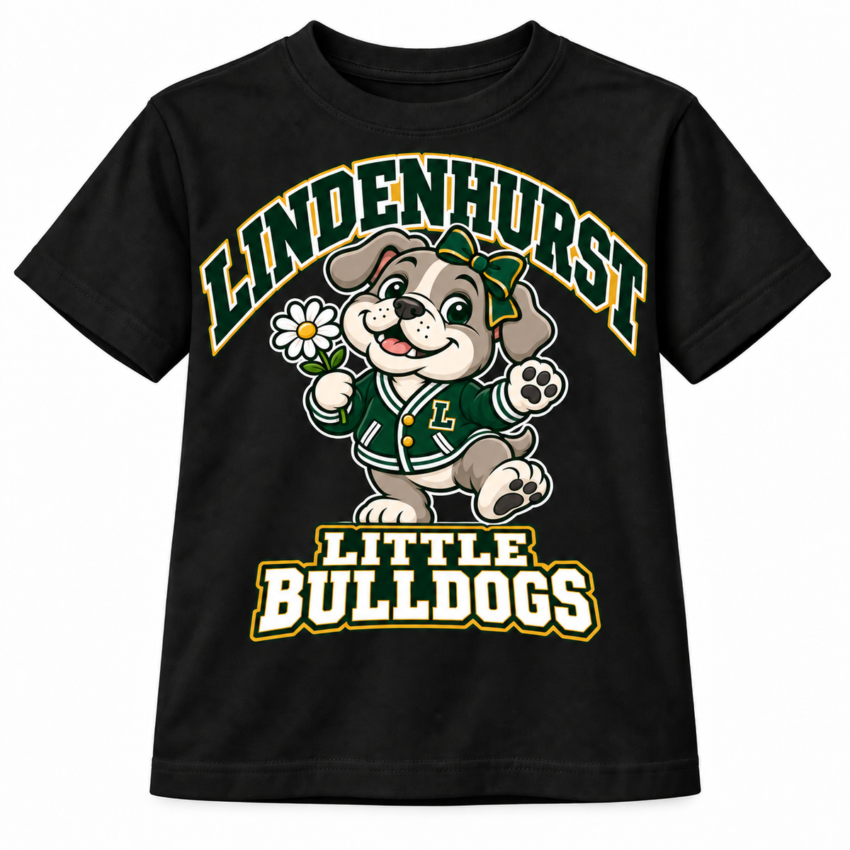 Lindenhurst Little Bulldogs Daisy Days youth T-Shirt in Black, front view
