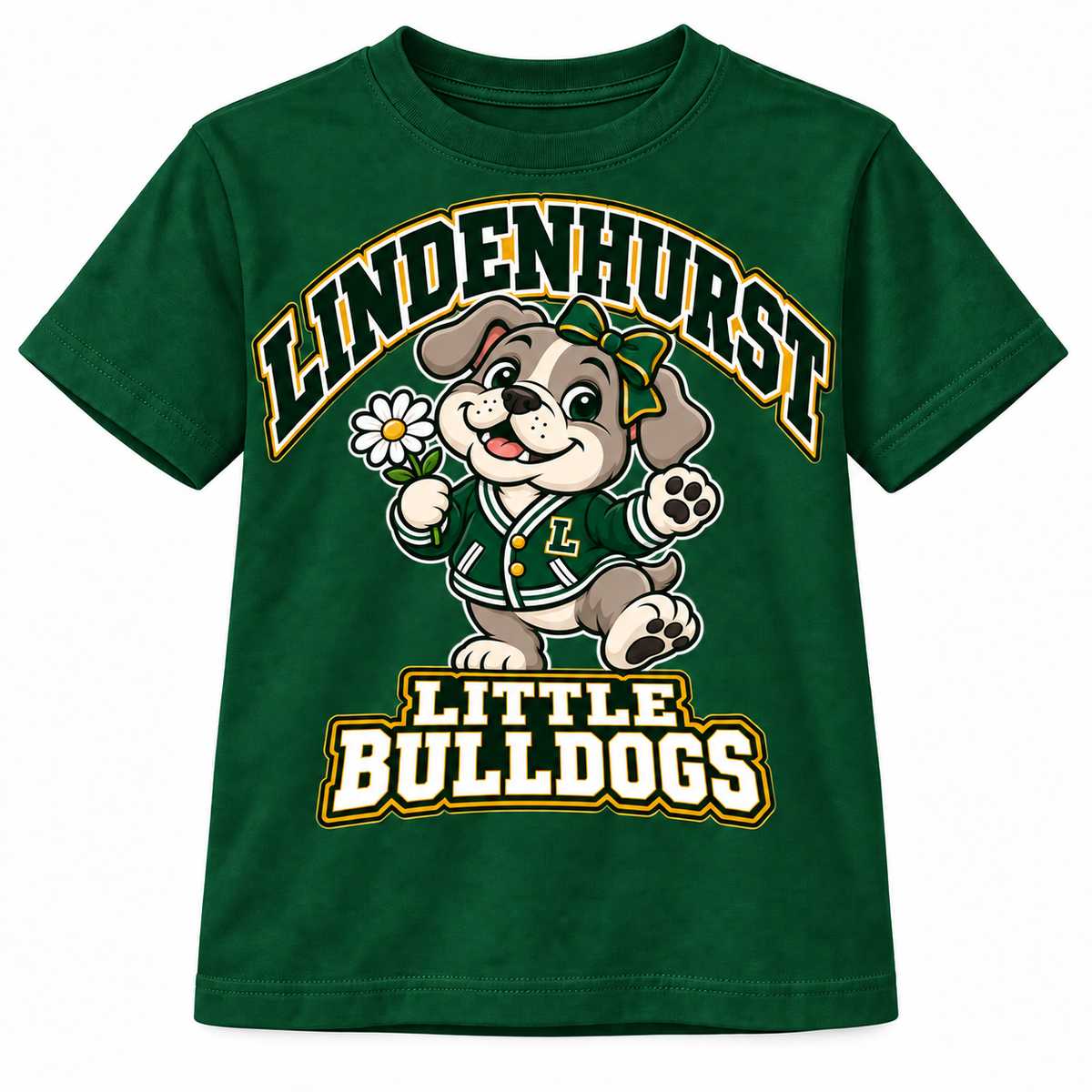 Lindenhurst Little Bulldogs Daisy Days youth T-Shirt in Forest Green, front view