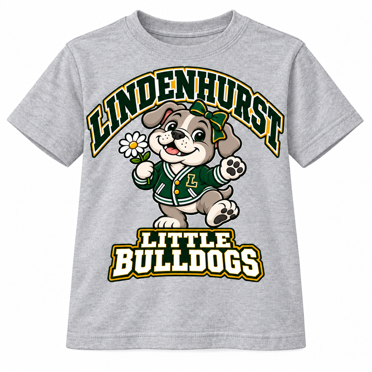 Lindenhurst Little Bulldogs Daisy Days youth T-Shirt in Heather Gray, front view