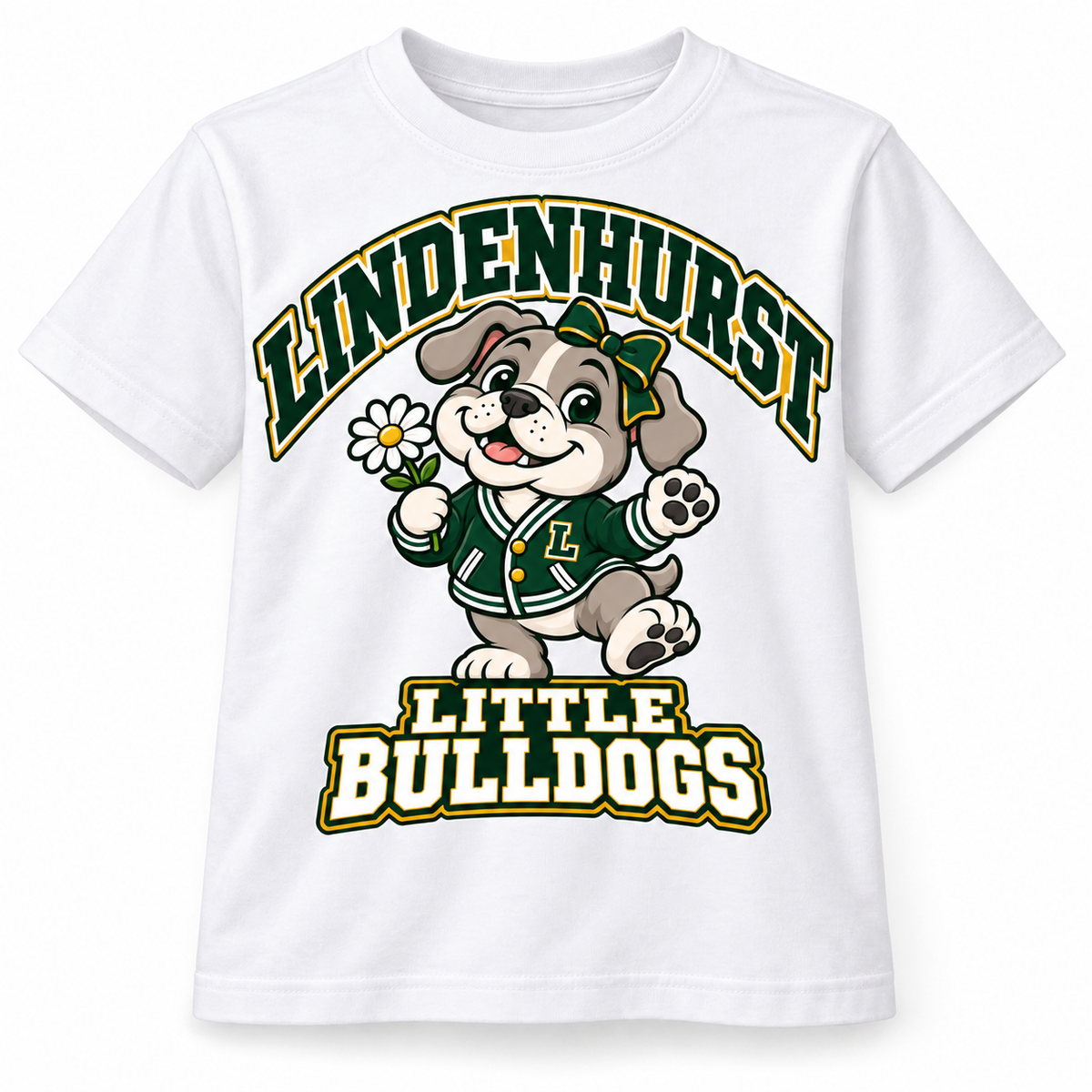 Lindenhurst Little Bulldogs Daisy Days youth T-Shirt in White, front view