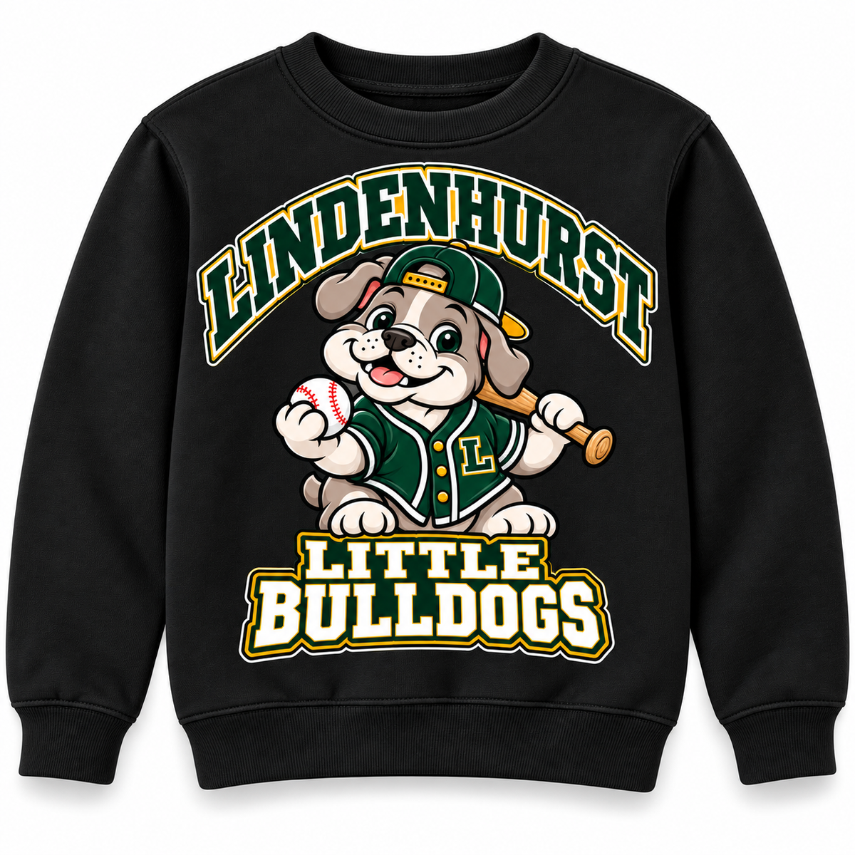 Lindenhurst Little Bulldogs Diamond Pup youth Crewneck Sweatshirt in Black, front view