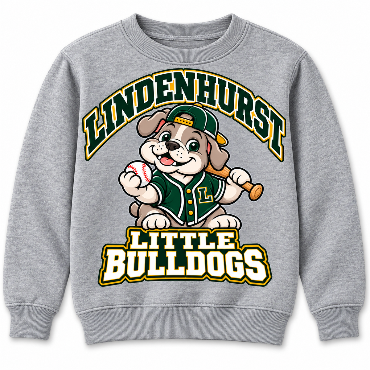 Lindenhurst Little Bulldogs Diamond Pup youth Crewneck Sweatshirt in Heather Gray, front view