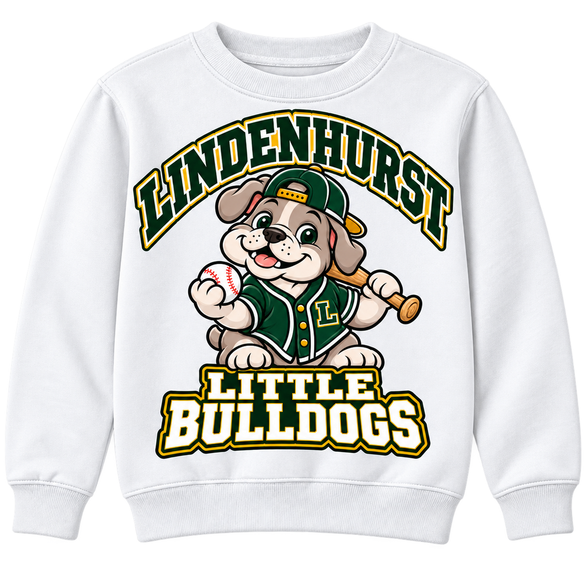 Lindenhurst Little Bulldogs Diamond Pup youth Crewneck Sweatshirt in White, front view